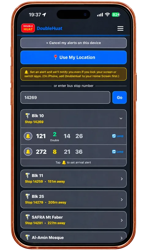 DoubleHuat bus arrival page on a phone showing live timings and alert bells for buses 121 and 272